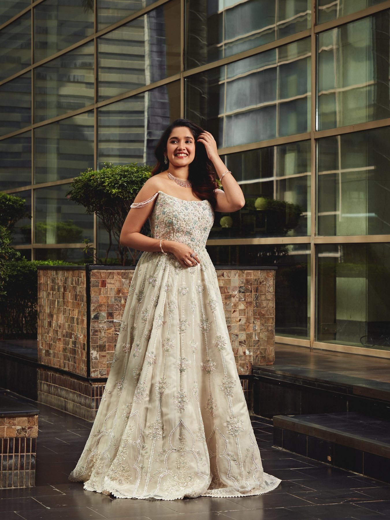 Anikha Surendran in a full-length embellished ivory gown at The Westin Chennai