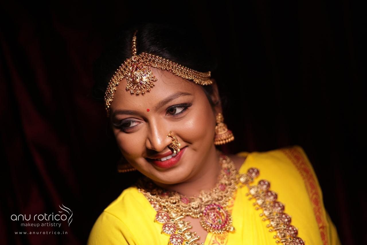 Traditional bridal makeup and hairstyling by Anu Rotrico, Chennai