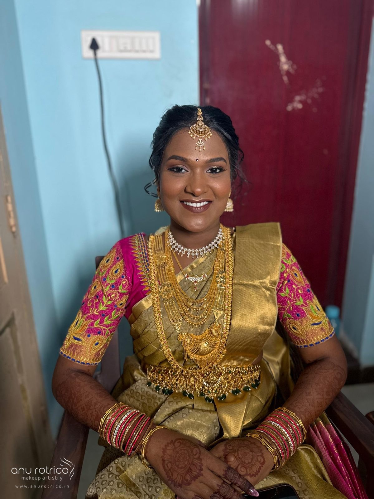 Traditional bridal makeup and hairstyling by Anu Rotrico, Chennai